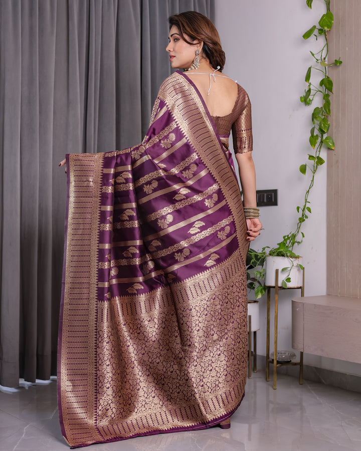 Majestic Purple Pure Kanjivaram Silk Saree with Gold Zari Striped Pallu & Traditional Brocade Border | 5.5m Saree + 0.8m Blouse