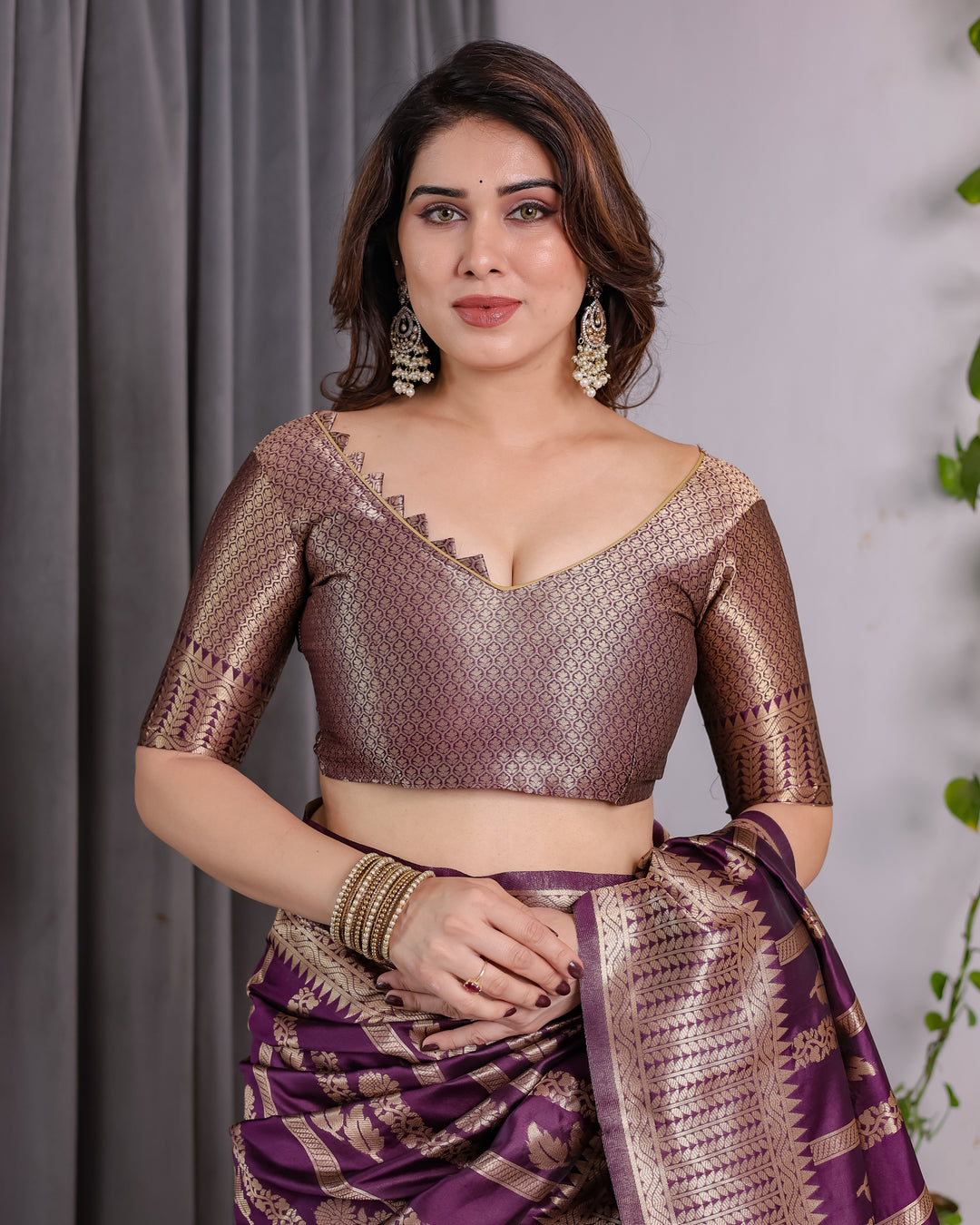 Majestic Purple Pure Kanjivaram Silk Saree with Gold Zari Striped Pallu & Traditional Brocade Border | 5.5m Saree + 0.8m Blouse