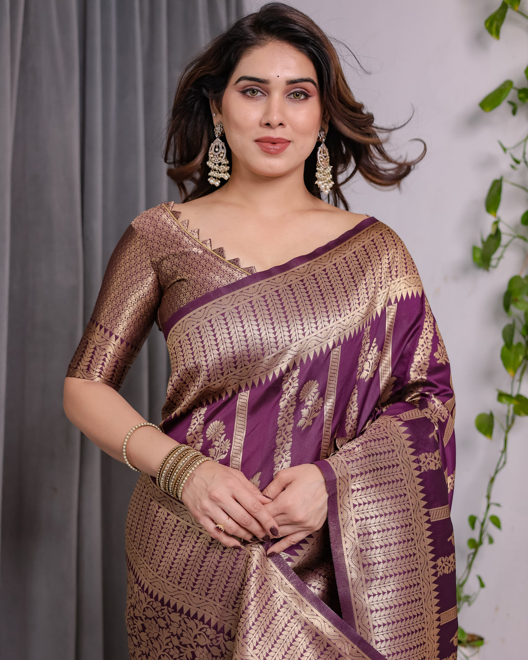 Majestic Purple Pure Kanjivaram Silk Saree with Gold Zari Striped Pallu & Traditional Brocade Border | 5.5m Saree + 0.8m Blouse