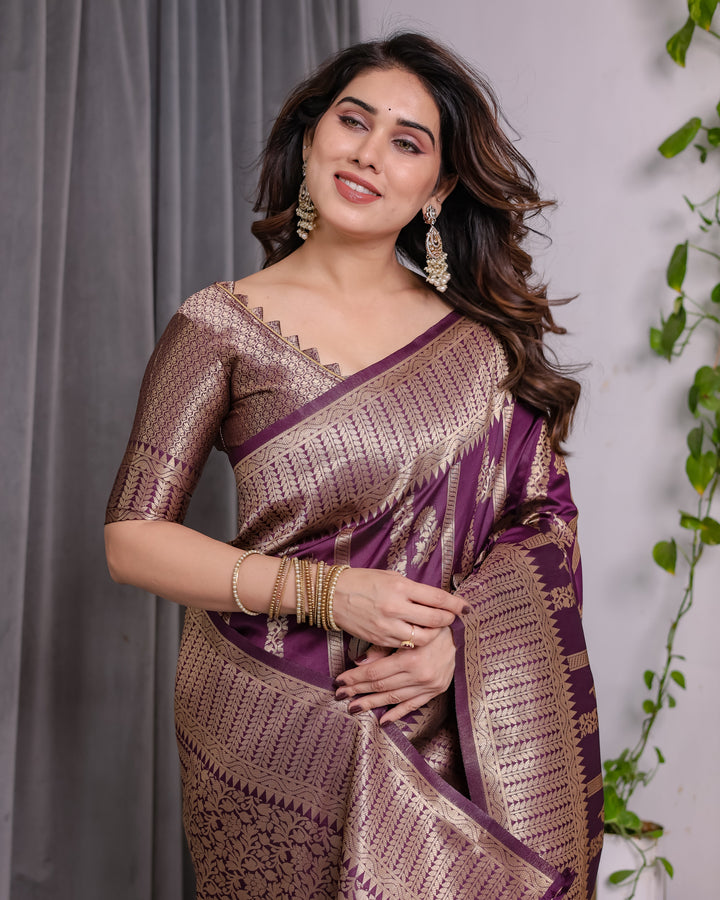 Majestic Purple Pure Kanjivaram Silk Saree with Gold Zari Striped Pallu & Traditional Brocade Border | 5.5m Saree + 0.8m Blouse