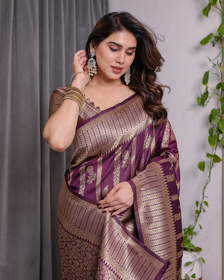Majestic Purple Pure Kanjivaram Silk Saree with Gold Zari Striped Pallu & Traditional Brocade Border | 5.5m Saree + 0.8m Blouse