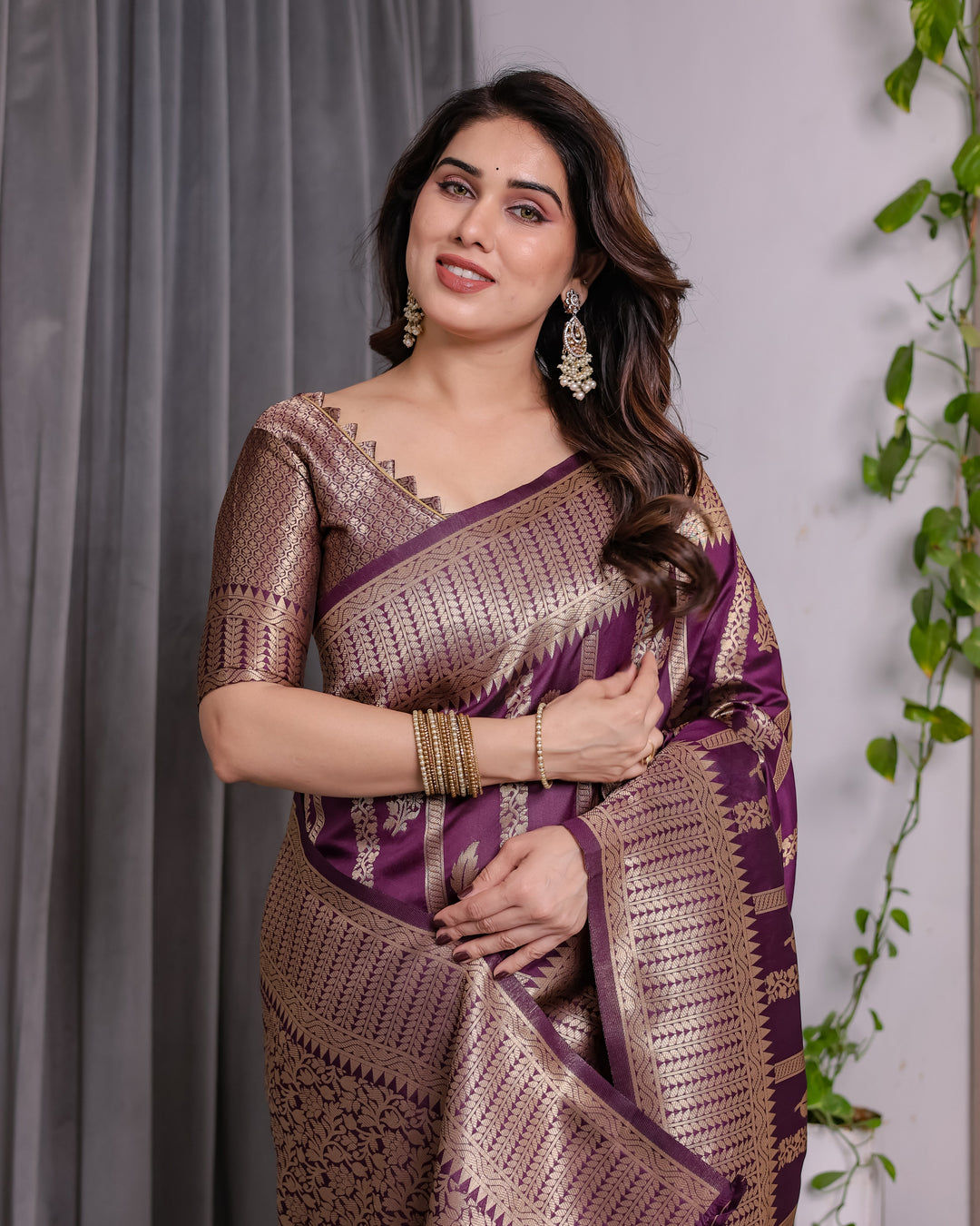 Majestic Purple Pure Kanjivaram Silk Saree with Gold Zari Striped Pallu & Traditional Brocade Border | 5.5m Saree + 0.8m Blouse