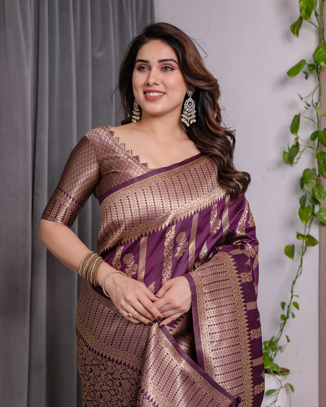 Majestic Purple Pure Kanjivaram Silk Saree with Gold Zari Striped Pallu & Traditional Brocade Border | 5.5m Saree + 0.8m Blouse