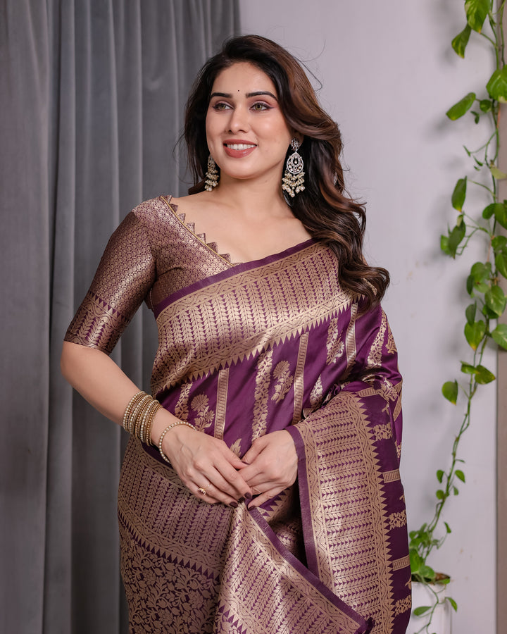 Majestic Purple Pure Kanjivaram Silk Saree with Gold Zari Striped Pallu & Traditional Brocade Border | 5.5m Saree + 0.8m Blouse