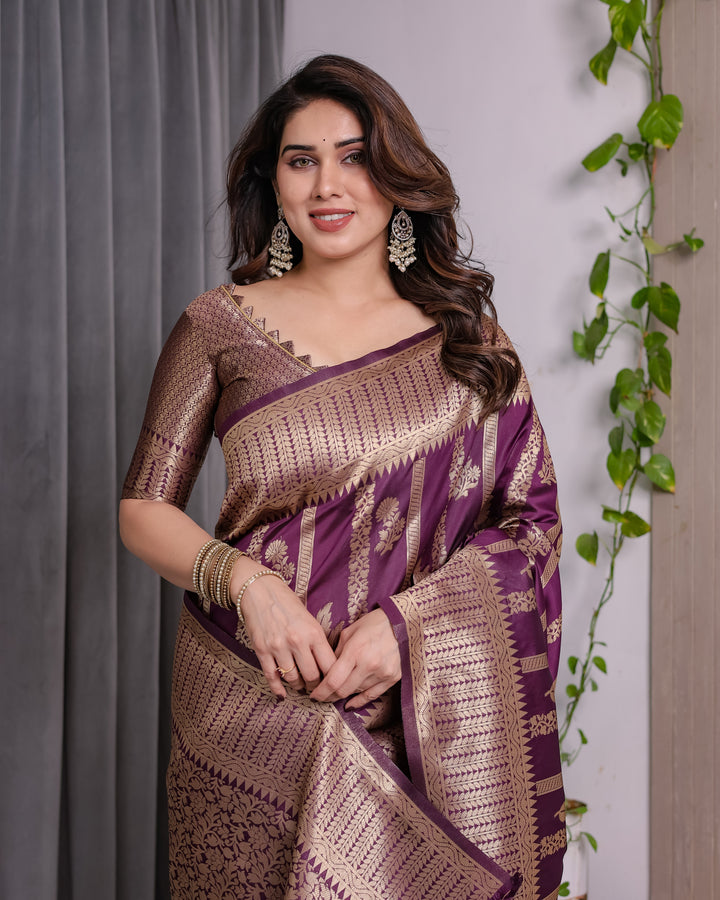 Majestic Purple Pure Kanjivaram Silk Saree with Gold Zari Striped Pallu & Traditional Brocade Border | 5.5m Saree + 0.8m Blouse