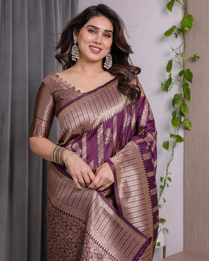 Majestic Purple Pure Kanjivaram Silk Saree with Gold Zari Striped Pallu & Traditional Brocade Border | 5.5m Saree + 0.8m Blouse
