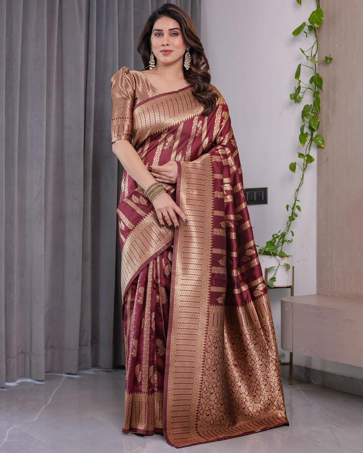 Maroon Pure Kanjivaram Silk Saree with Gold Zari Striped Floral Pallu & Broad Border | 5.5m Saree + 0.8m Jacquard Blouse Piece