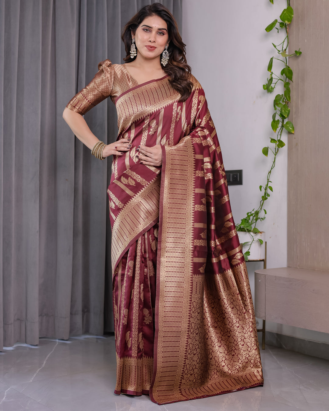Maroon Pure Kanjivaram Silk Saree with Gold Zari Striped Floral Pallu & Broad Border | 5.5m Saree + 0.8m Jacquard Blouse Piece