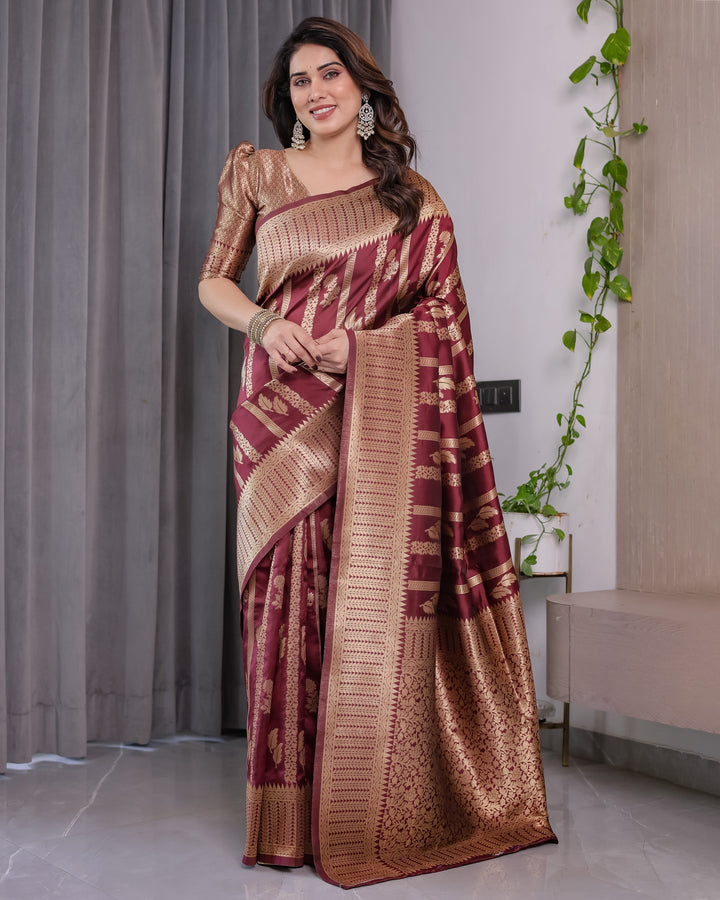 Maroon Pure Kanjivaram Silk Saree with Gold Zari Striped Floral Pallu & Broad Border | 5.5m Saree + 0.8m Jacquard Blouse Piece