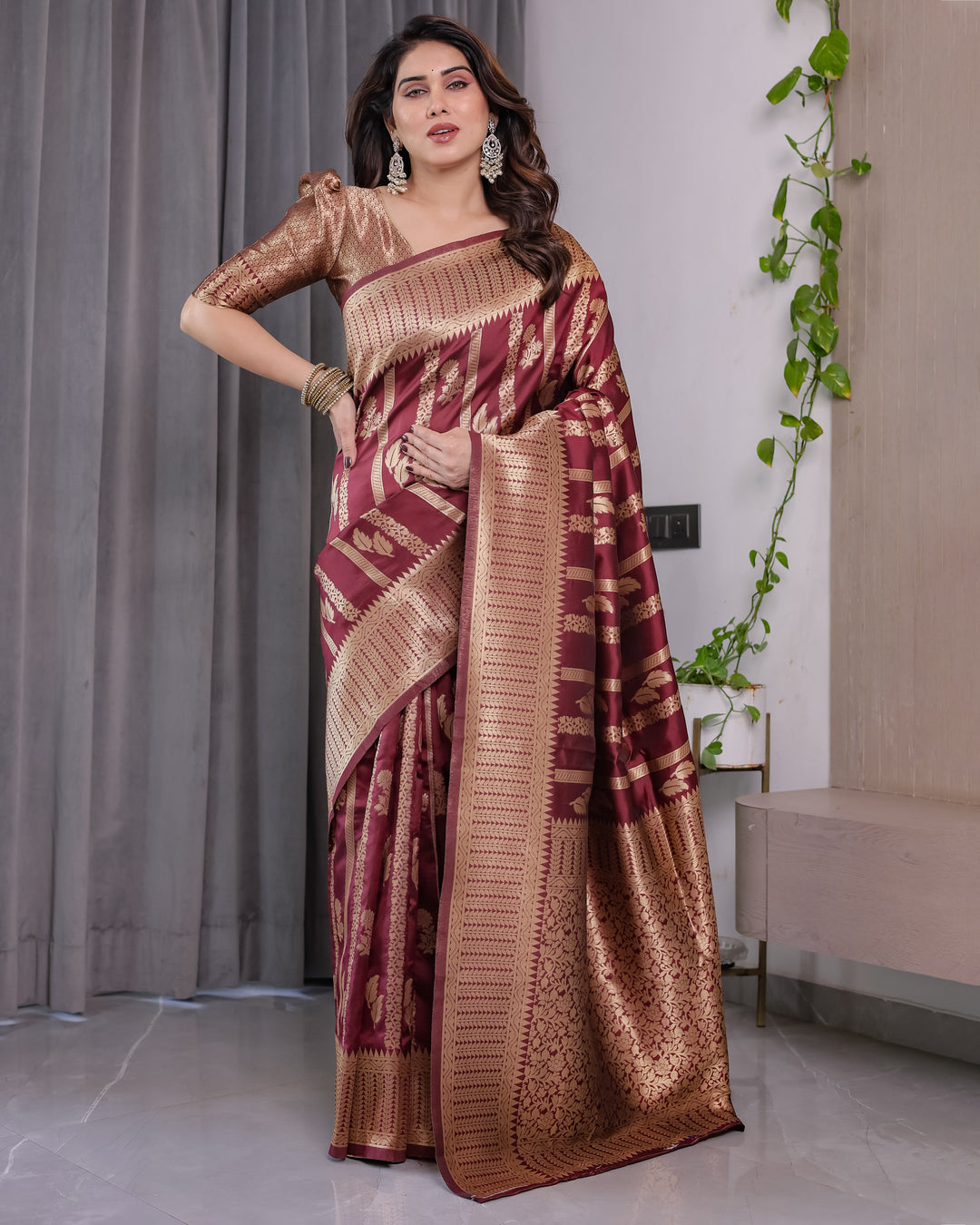 Maroon Pure Kanjivaram Silk Saree with Gold Zari Striped Floral Pallu & Broad Border | 5.5m Saree + 0.8m Jacquard Blouse Piece