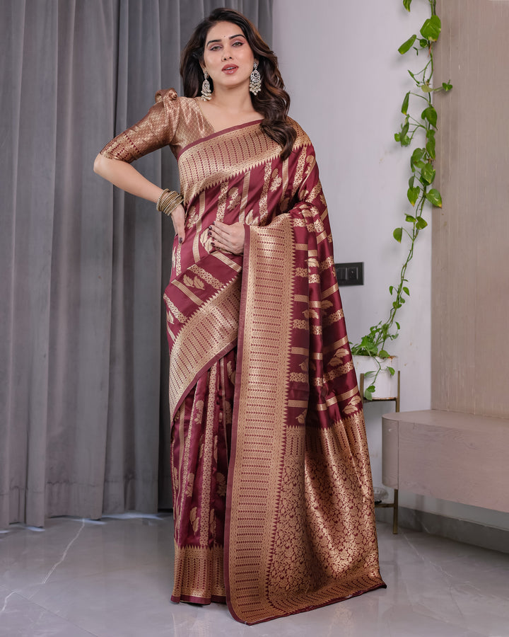 Maroon Pure Kanjivaram Silk Saree with Gold Zari Striped Floral Pallu & Broad Border | 5.5m Saree + 0.8m Jacquard Blouse Piece