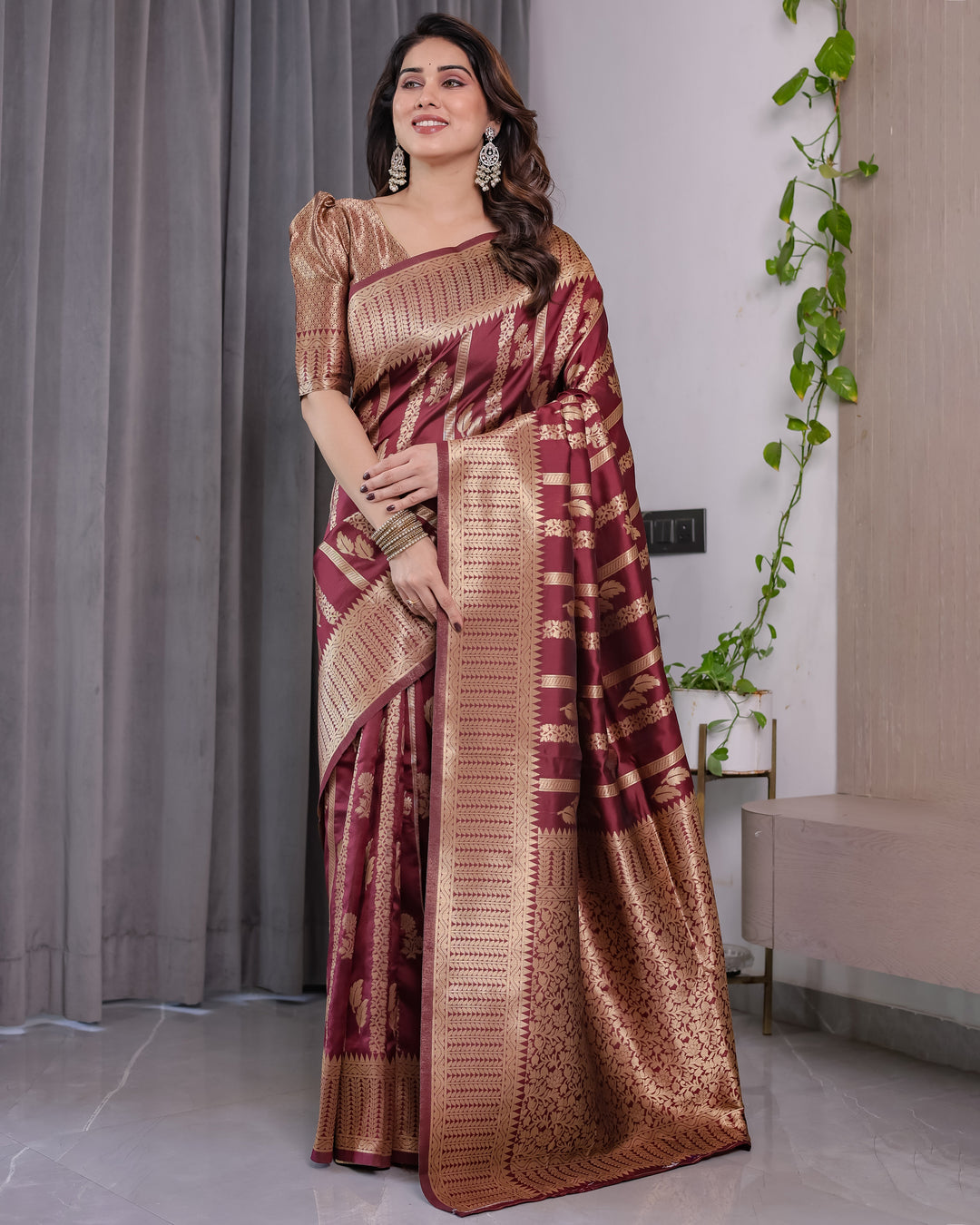 Maroon Pure Kanjivaram Silk Saree with Gold Zari Striped Floral Pallu & Broad Border | 5.5m Saree + 0.8m Jacquard Blouse Piece