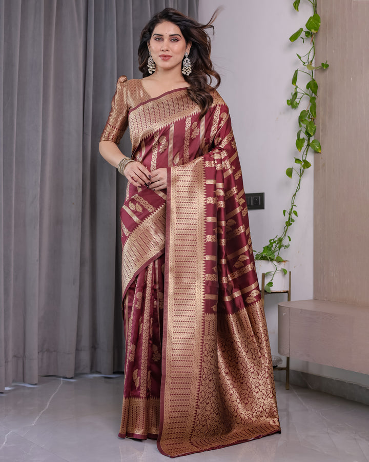 Maroon Pure Kanjivaram Silk Saree with Gold Zari Striped Floral Pallu & Broad Border | 5.5m Saree + 0.8m Jacquard Blouse Piece