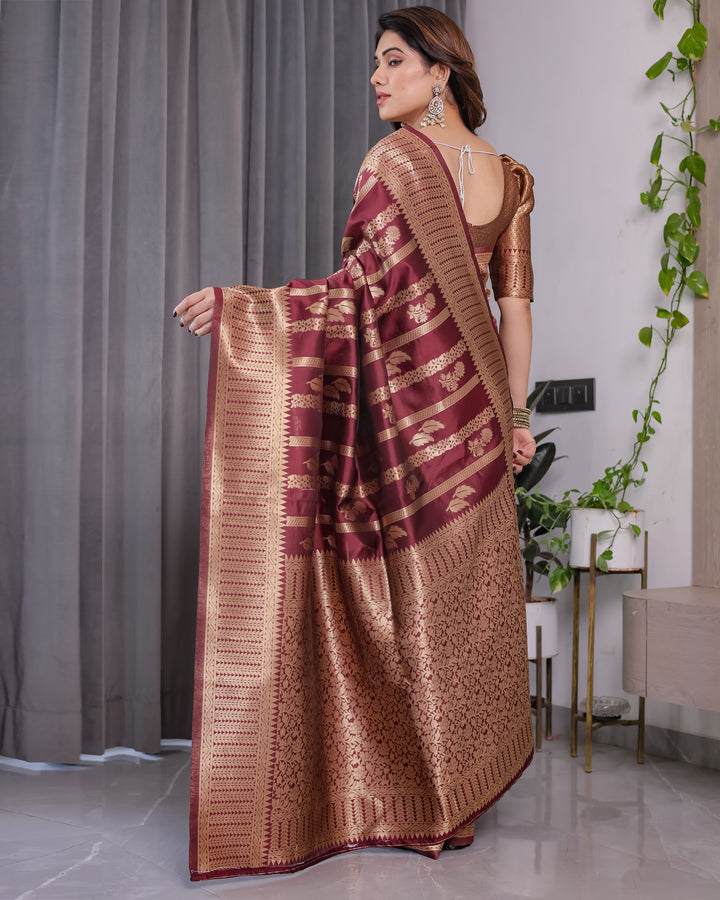Maroon Pure Kanjivaram Silk Saree with Gold Zari Striped Floral Pallu & Broad Border | 5.5m Saree + 0.8m Jacquard Blouse Piece