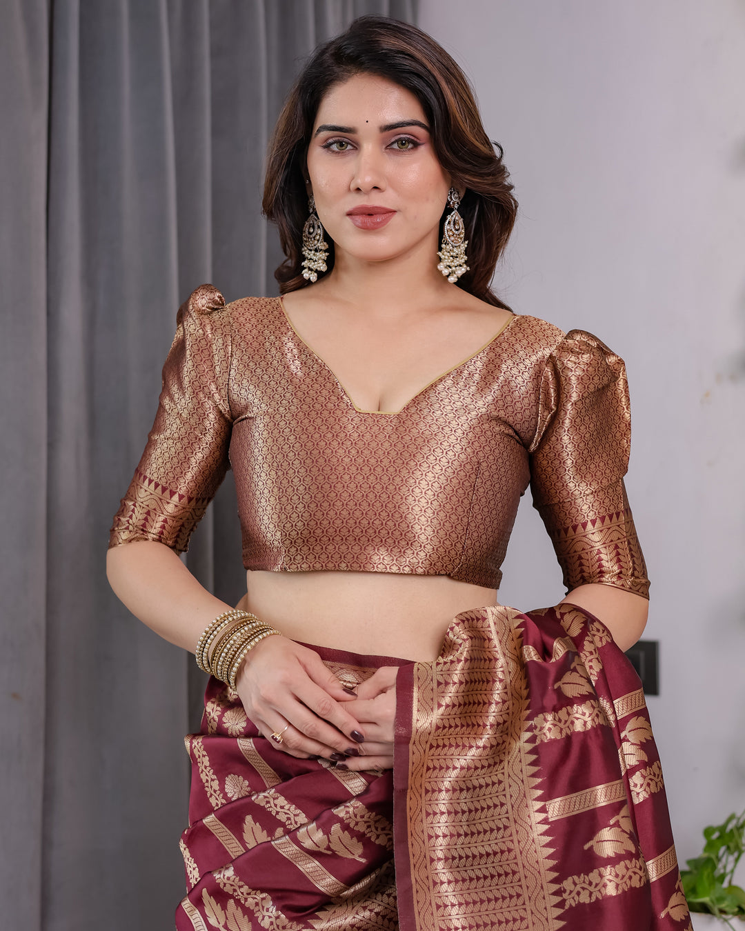 Maroon Pure Kanjivaram Silk Saree with Gold Zari Striped Floral Pallu & Broad Border | 5.5m Saree + 0.8m Jacquard Blouse Piece
