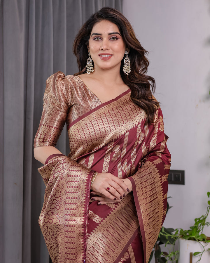 Maroon Pure Kanjivaram Silk Saree with Gold Zari Striped Floral Pallu & Broad Border | 5.5m Saree + 0.8m Jacquard Blouse Piece
