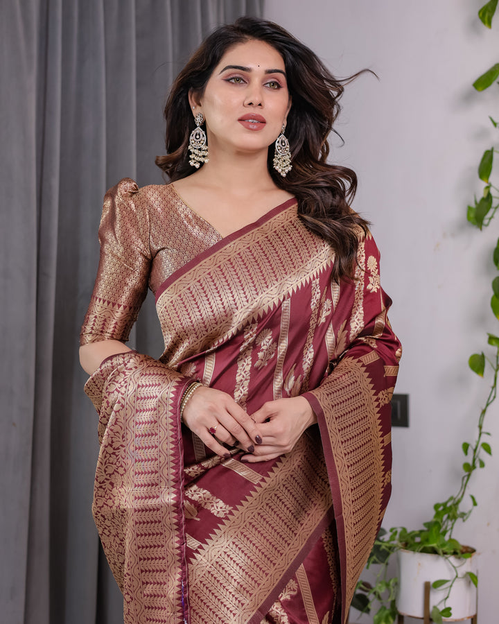Maroon Pure Kanjivaram Silk Saree with Gold Zari Striped Floral Pallu & Broad Border | 5.5m Saree + 0.8m Jacquard Blouse Piece