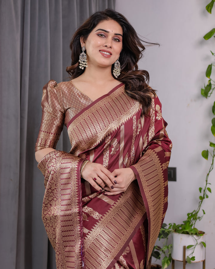 Maroon Pure Kanjivaram Silk Saree with Gold Zari Striped Floral Pallu & Broad Border | 5.5m Saree + 0.8m Jacquard Blouse Piece