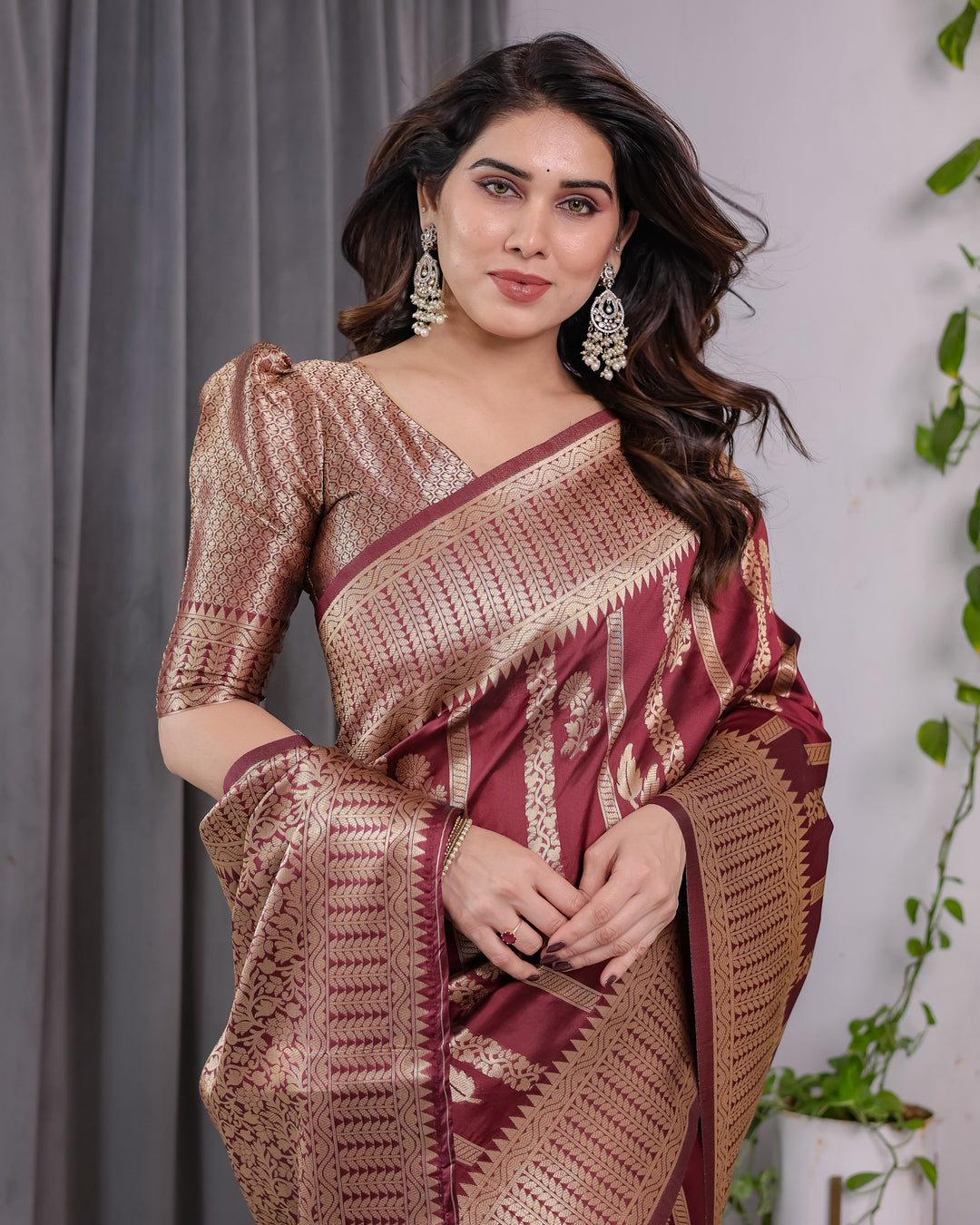 Maroon Pure Kanjivaram Silk Saree with Gold Zari Striped Floral Pallu & Broad Border | 5.5m Saree + 0.8m Jacquard Blouse Piece