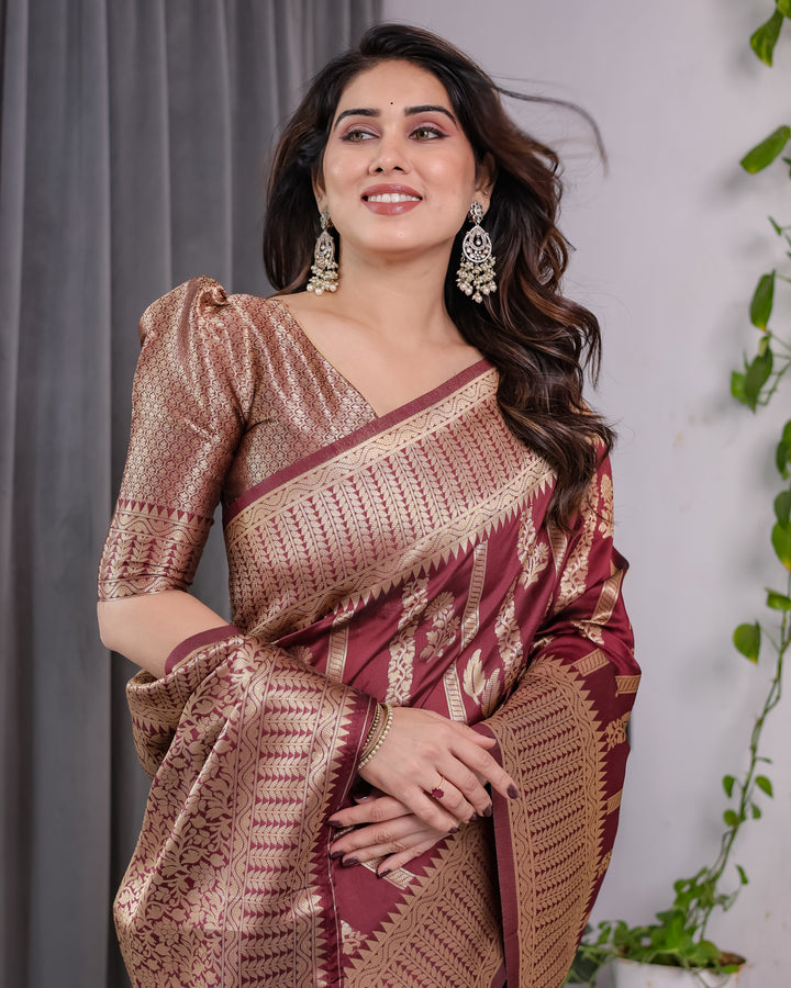 Maroon Pure Kanjivaram Silk Saree with Gold Zari Striped Floral Pallu & Broad Border | 5.5m Saree + 0.8m Jacquard Blouse Piece