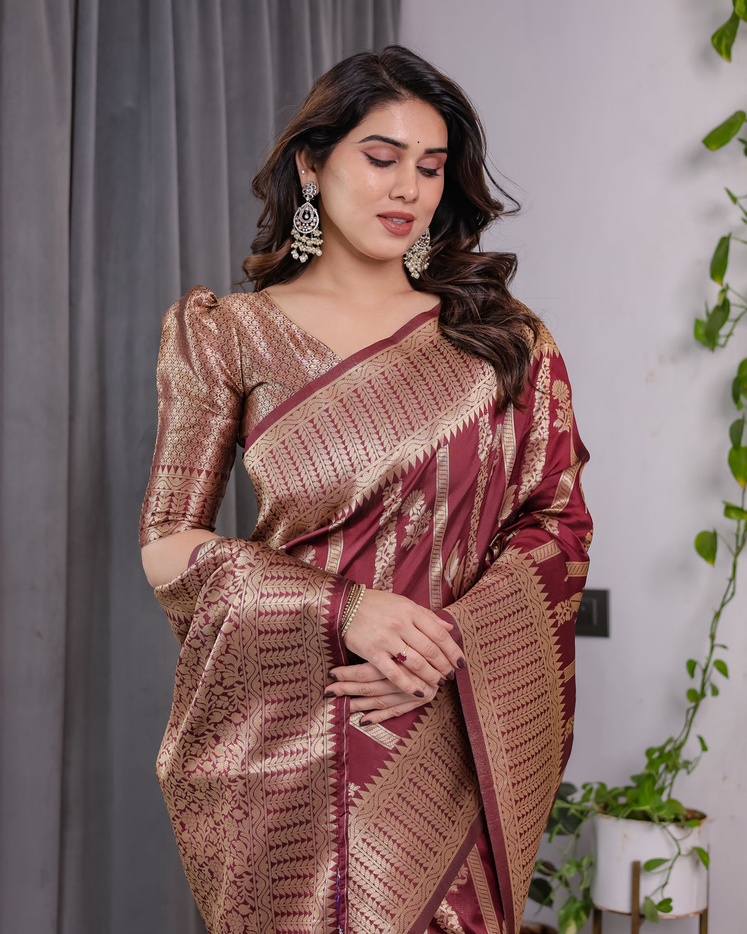Maroon Pure Kanjivaram Silk Saree with Gold Zari Striped Floral Pallu & Broad Border | 5.5m Saree + 0.8m Jacquard Blouse Piece