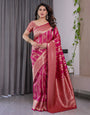 Pink Pure Kanjivaram Silk Saree with Golden Zari Striped Pallu & Floral Woven Border | 5.5m Saree + 0.8m Jacquard Blouse Piece