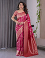 Pink Pure Kanjivaram Silk Saree with Golden Zari Striped Pallu & Floral Woven Border | 5.5m Saree + 0.8m Jacquard Blouse Piece