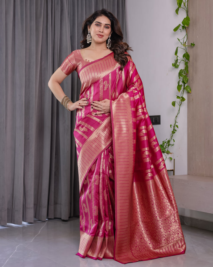 Pink Pure Kanjivaram Silk Saree with Golden Zari Striped Pallu & Floral Woven Border | 5.5m Saree + 0.8m Jacquard Blouse Piece