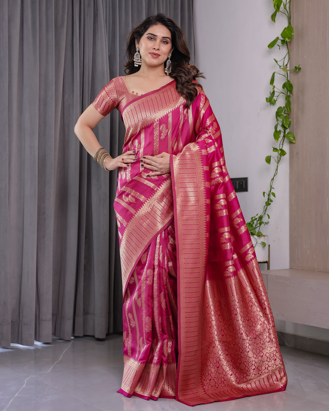 Pink Pure Kanjivaram Silk Saree with Golden Zari Striped Pallu & Floral Woven Border | 5.5m Saree + 0.8m Jacquard Blouse Piece