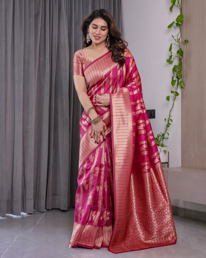 Pink Pure Kanjivaram Silk Saree with Golden Zari Striped Pallu & Floral Woven Border | 5.5m Saree + 0.8m Jacquard Blouse Piece