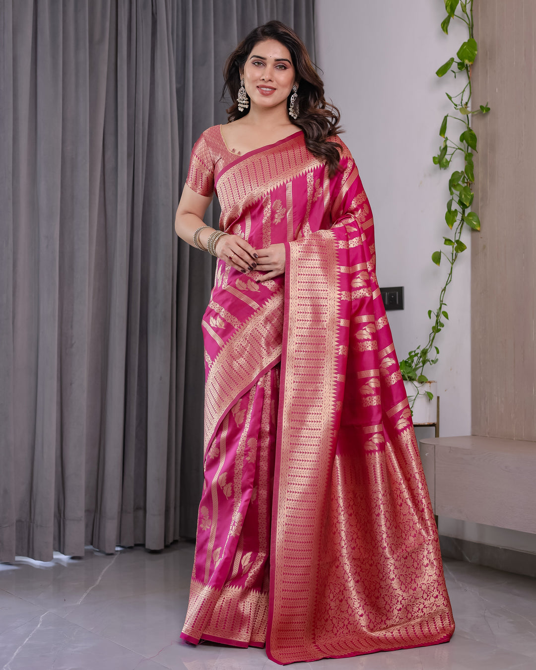Pink Pure Kanjivaram Silk Saree with Golden Zari Striped Pallu & Floral Woven Border | 5.5m Saree + 0.8m Jacquard Blouse Piece