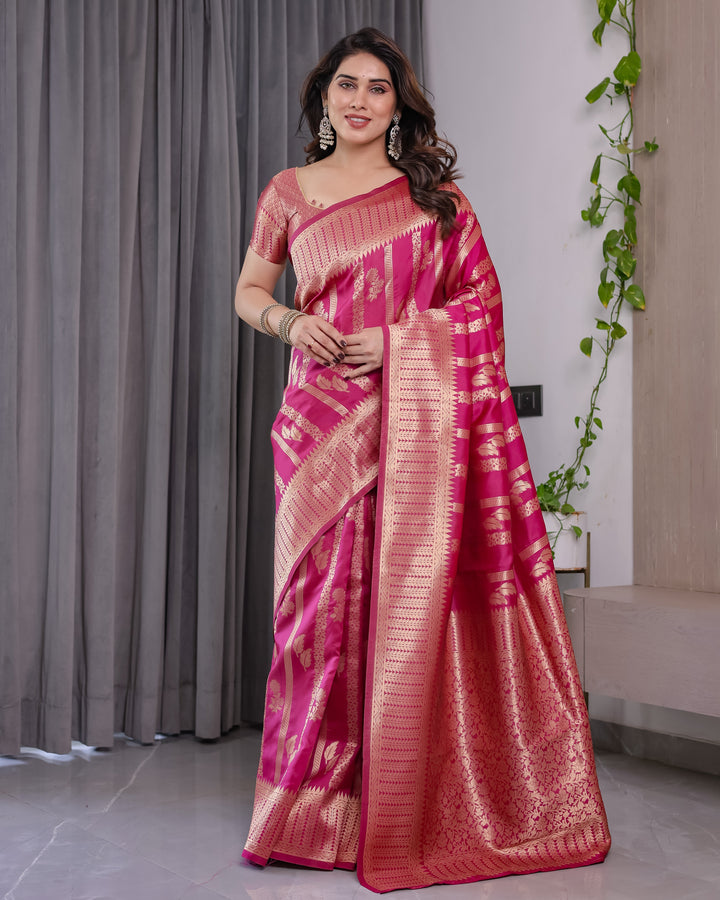 Pink Pure Kanjivaram Silk Saree with Golden Zari Striped Pallu & Floral Woven Border | 5.5m Saree + 0.8m Jacquard Blouse Piece