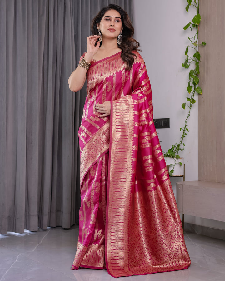 Pink Pure Kanjivaram Silk Saree with Golden Zari Striped Pallu & Floral Woven Border | 5.5m Saree + 0.8m Jacquard Blouse Piece