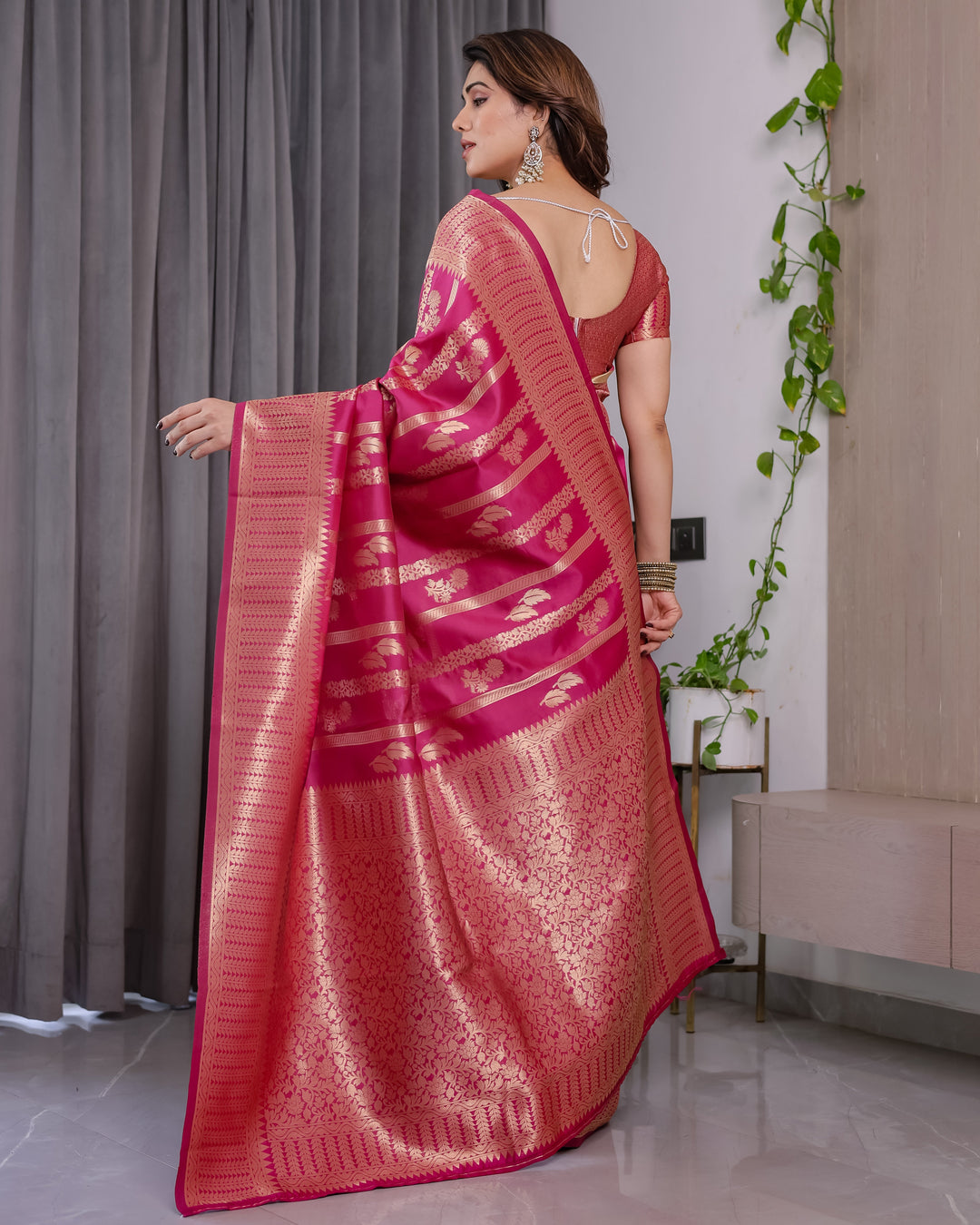 Pink Pure Kanjivaram Silk Saree with Golden Zari Striped Pallu & Floral Woven Border | 5.5m Saree + 0.8m Jacquard Blouse Piece
