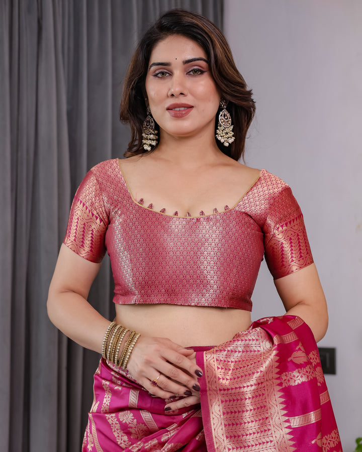 Pink Pure Kanjivaram Silk Saree with Golden Zari Striped Pallu & Floral Woven Border | 5.5m Saree + 0.8m Jacquard Blouse Piece