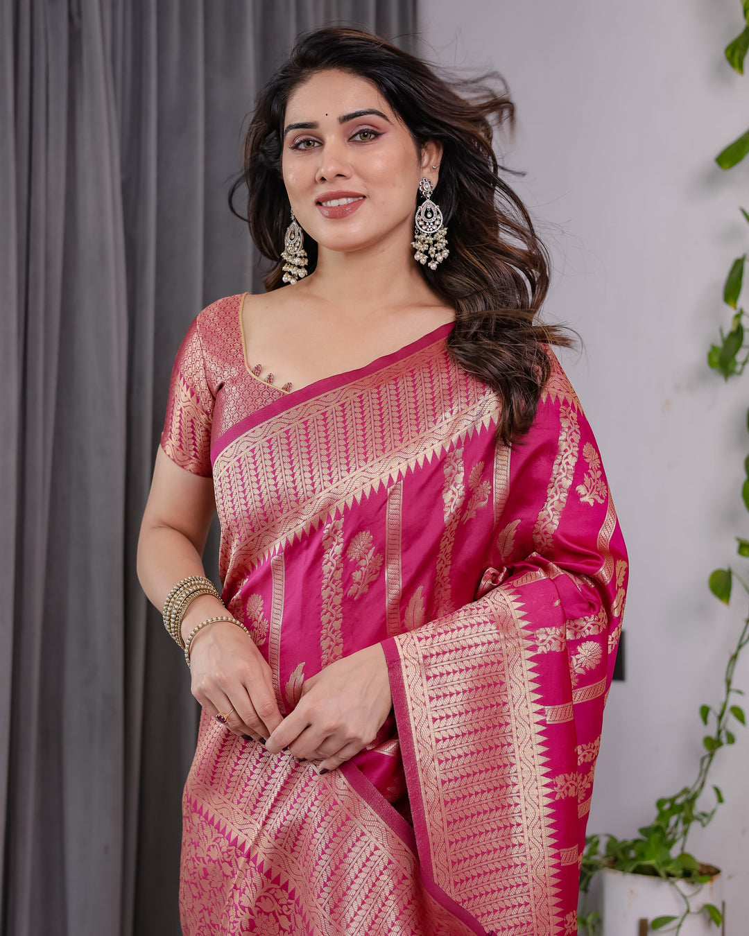 Pink Pure Kanjivaram Silk Saree with Golden Zari Striped Pallu & Floral Woven Border | 5.5m Saree + 0.8m Jacquard Blouse Piece