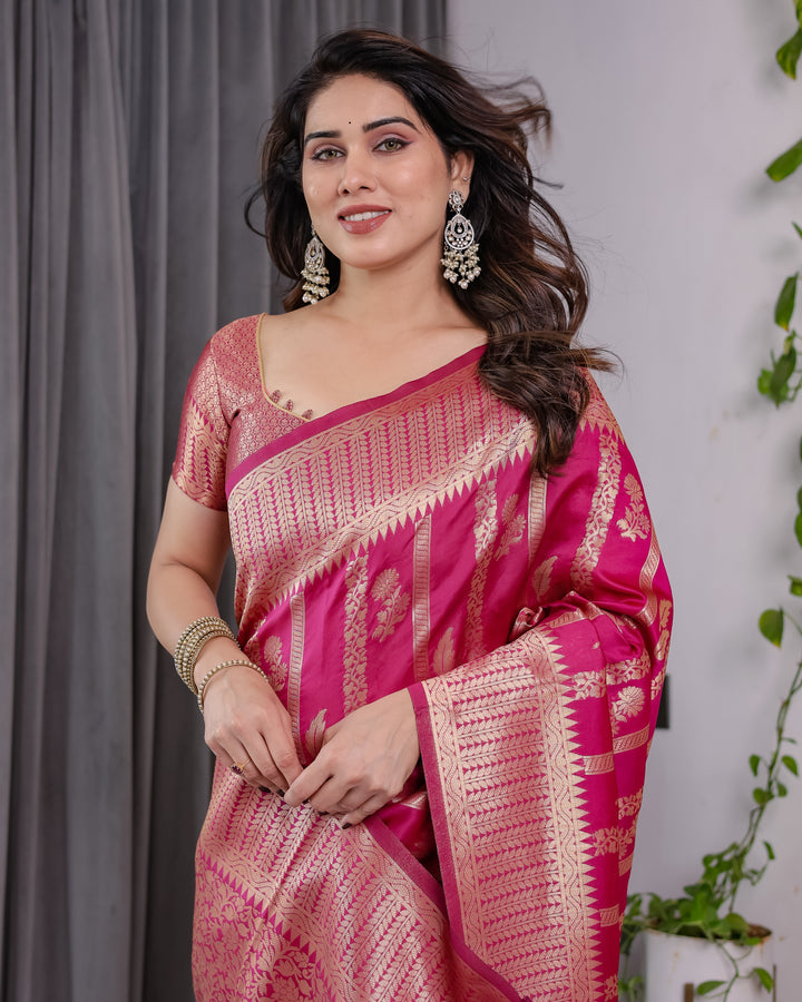 Pink Pure Kanjivaram Silk Saree with Golden Zari Striped Pallu & Floral Woven Border | 5.5m Saree + 0.8m Jacquard Blouse Piece