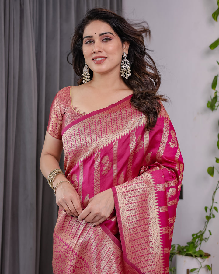Pink Pure Kanjivaram Silk Saree with Golden Zari Striped Pallu & Floral Woven Border | 5.5m Saree + 0.8m Jacquard Blouse Piece