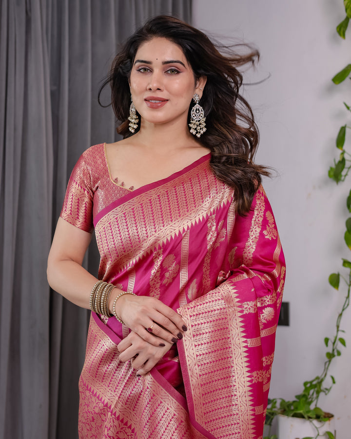 Pink Pure Kanjivaram Silk Saree with Golden Zari Striped Pallu & Floral Woven Border | 5.5m Saree + 0.8m Jacquard Blouse Piece