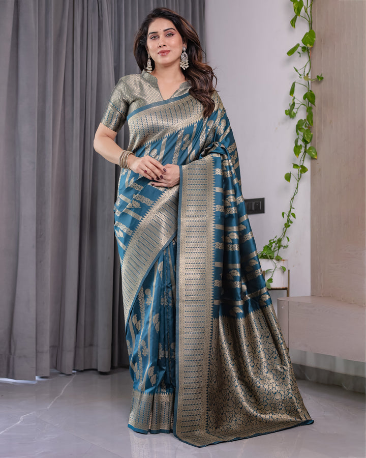 Teal Blue Pure Kanjivaram Silk Saree with Gold Zari Striped Pallu & Intricate Floral Weave | 5.5m Saree + 0.8m Brocade Blouse