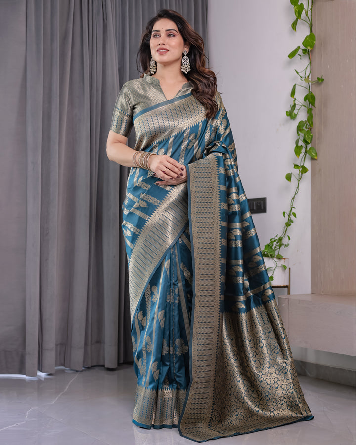 Teal Blue Pure Kanjivaram Silk Saree with Gold Zari Striped Pallu & Intricate Floral Weave | 5.5m Saree + 0.8m Brocade Blouse