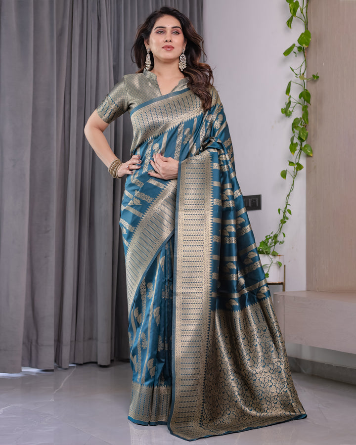Teal Blue Pure Kanjivaram Silk Saree with Gold Zari Striped Pallu & Intricate Floral Weave | 5.5m Saree + 0.8m Brocade Blouse