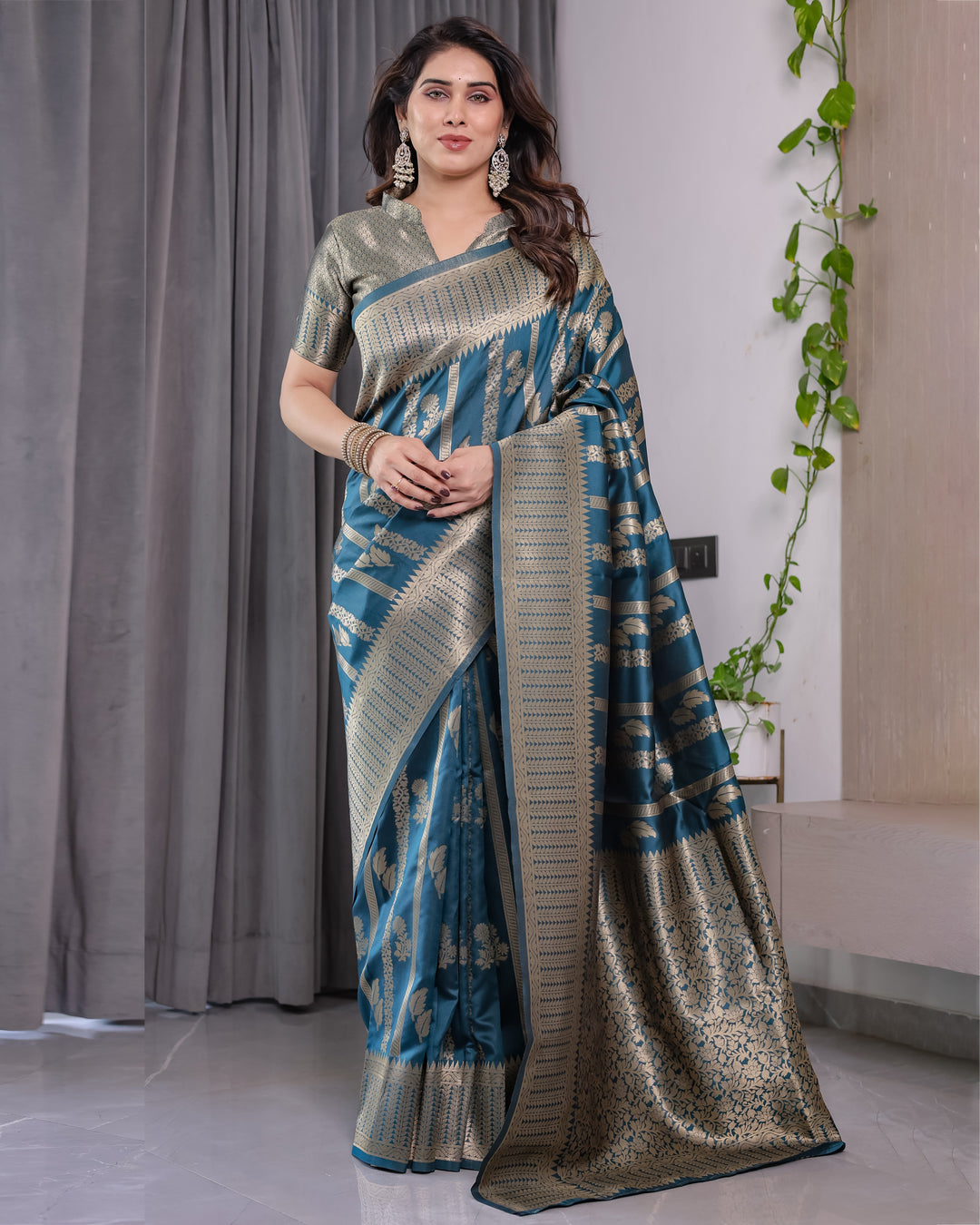 Teal Blue Pure Kanjivaram Silk Saree with Gold Zari Striped Pallu & Intricate Floral Weave | 5.5m Saree + 0.8m Brocade Blouse