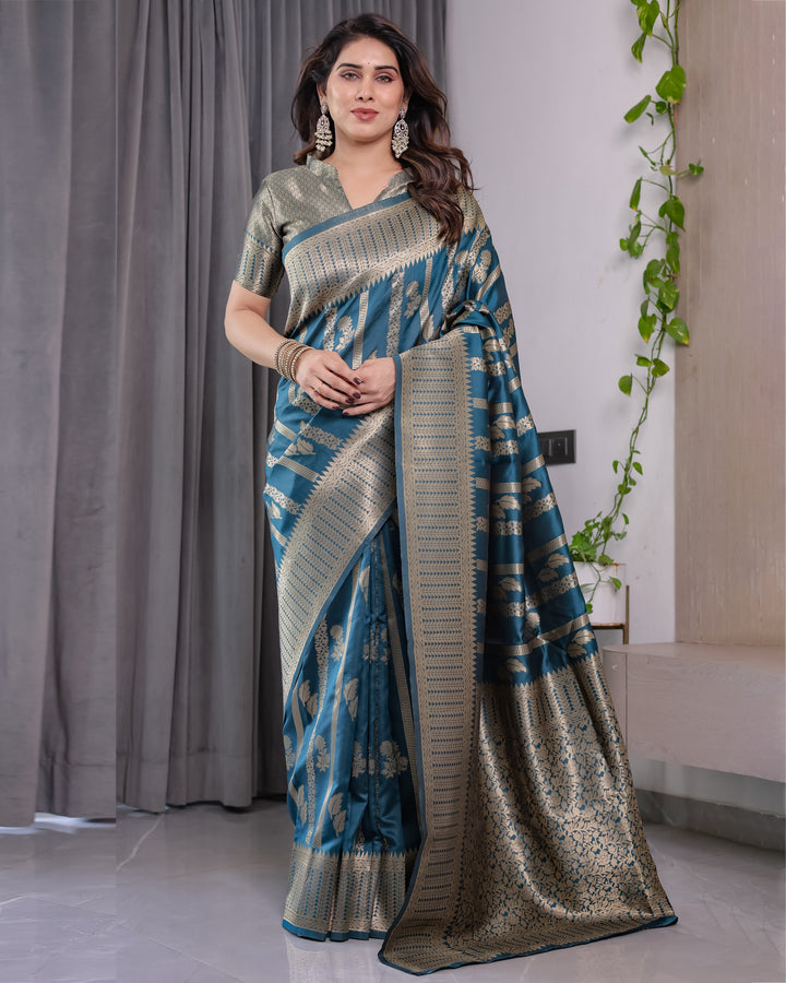 Teal Blue Pure Kanjivaram Silk Saree with Gold Zari Striped Pallu & Intricate Floral Weave | 5.5m Saree + 0.8m Brocade Blouse
