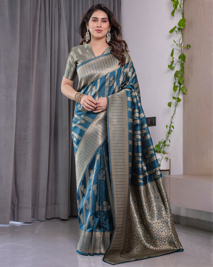 Teal Blue Pure Kanjivaram Silk Saree with Gold Zari Striped Pallu & Intricate Floral Weave | 5.5m Saree + 0.8m Brocade Blouse