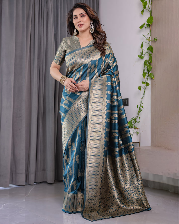 Teal Blue Pure Kanjivaram Silk Saree with Gold Zari Striped Pallu & Intricate Floral Weave | 5.5m Saree + 0.8m Brocade Blouse