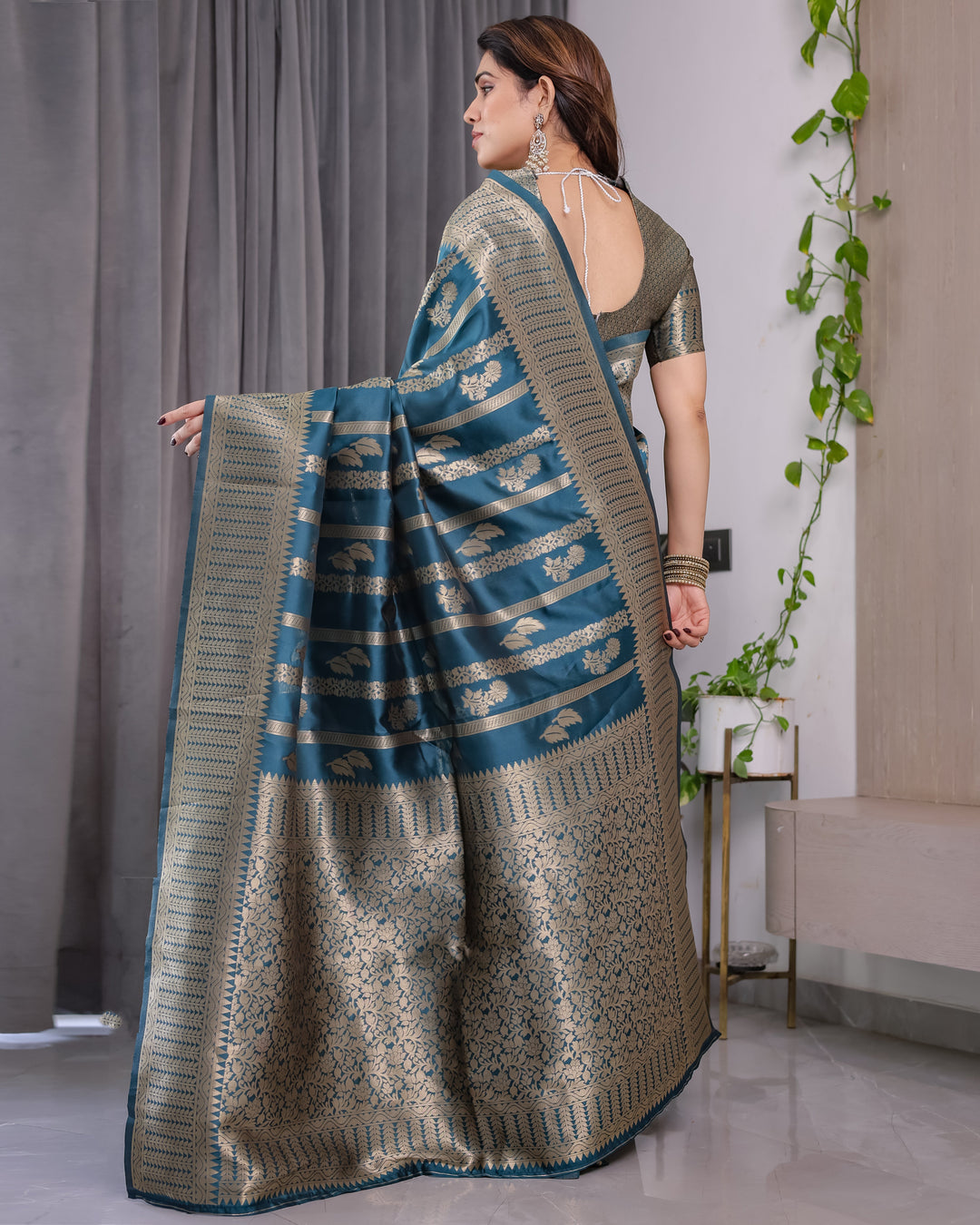 Teal Blue Pure Kanjivaram Silk Saree with Gold Zari Striped Pallu & Intricate Floral Weave | 5.5m Saree + 0.8m Brocade Blouse
