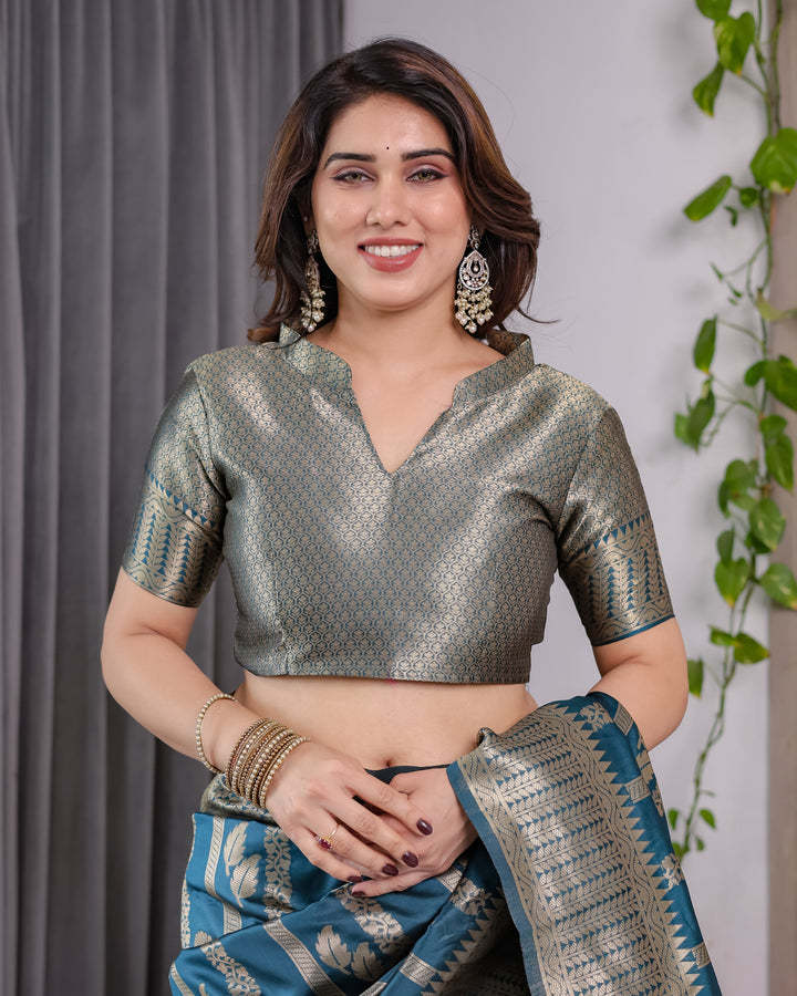 Teal Blue Pure Kanjivaram Silk Saree with Gold Zari Striped Pallu & Intricate Floral Weave | 5.5m Saree + 0.8m Brocade Blouse