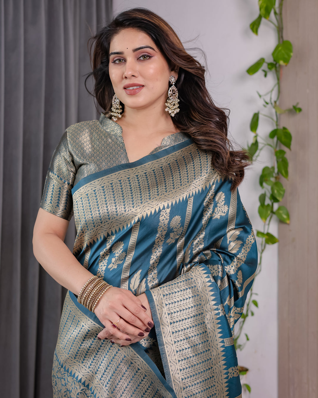 Teal Blue Pure Kanjivaram Silk Saree with Gold Zari Striped Pallu & Intricate Floral Weave | 5.5m Saree + 0.8m Brocade Blouse