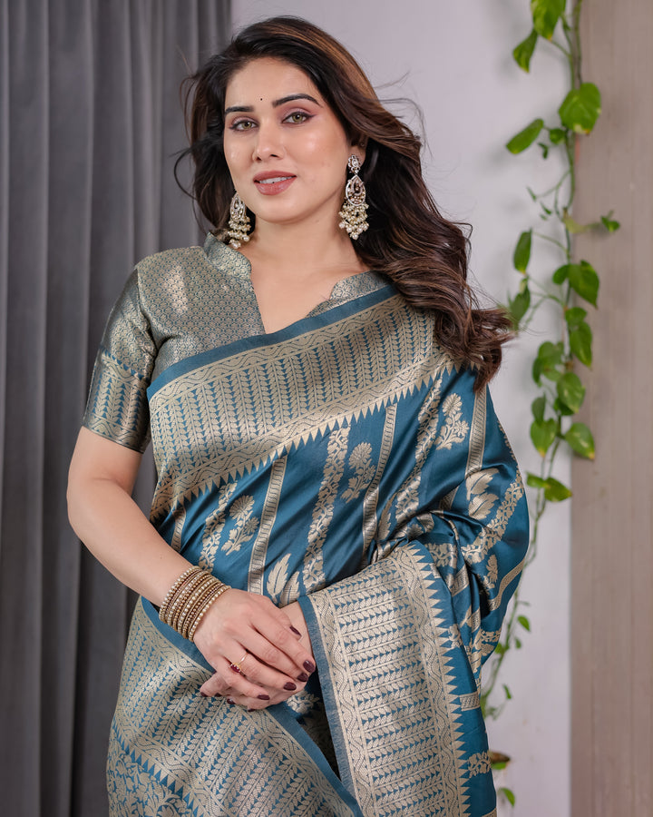 Teal Blue Pure Kanjivaram Silk Saree with Gold Zari Striped Pallu & Intricate Floral Weave | 5.5m Saree + 0.8m Brocade Blouse